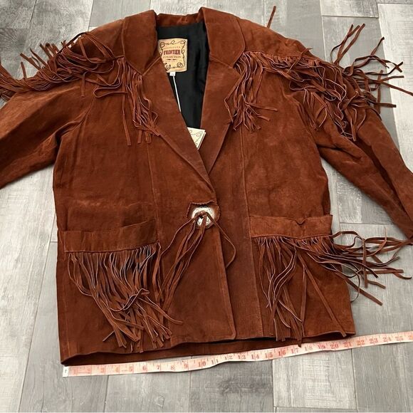 NWT VTG Leather Frontier Collection Western Boho Fringe Concho Brown 80’s Coat L - Picture 12 of 16
